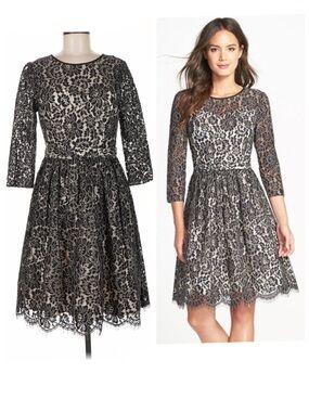 Eliza J long sleeve belt floral lace keyhole back fit flare dress, size 12